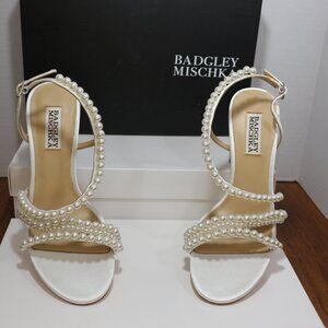 Badgley Mischka White Satin Amora Pearl Strap Block Heels.